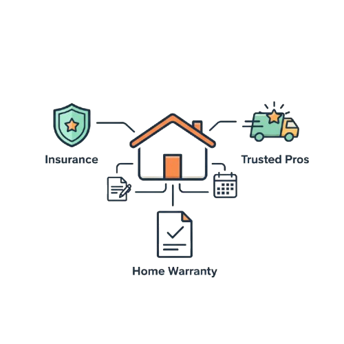 Diagram showing a central house connecting to insurance, trusted pros, and home warranty services