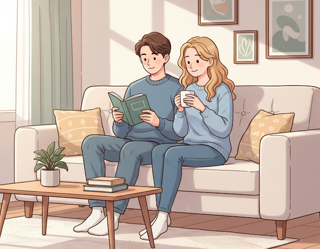 A family relaxing in a calm and organized living room.